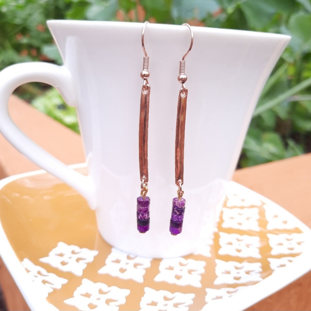 Purple Imperial Jasper Stone Dainty Bar Earrings 18$